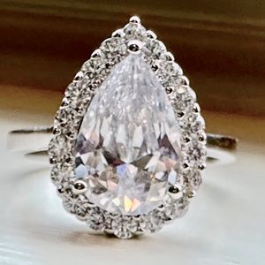 3.62ct Pear Cut Teardrop Halo Accent 925 Sterling Silver CZ Ring, Size 7
